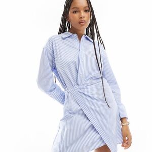 Women’s MNG Mango Striped Wrap Long Sleeve Shirt Dress Blue Size 4
